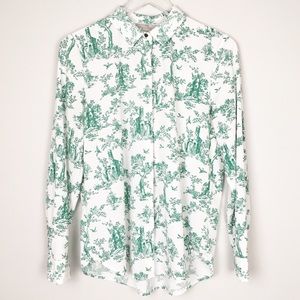 {H&M} Green and white toile button down blouse